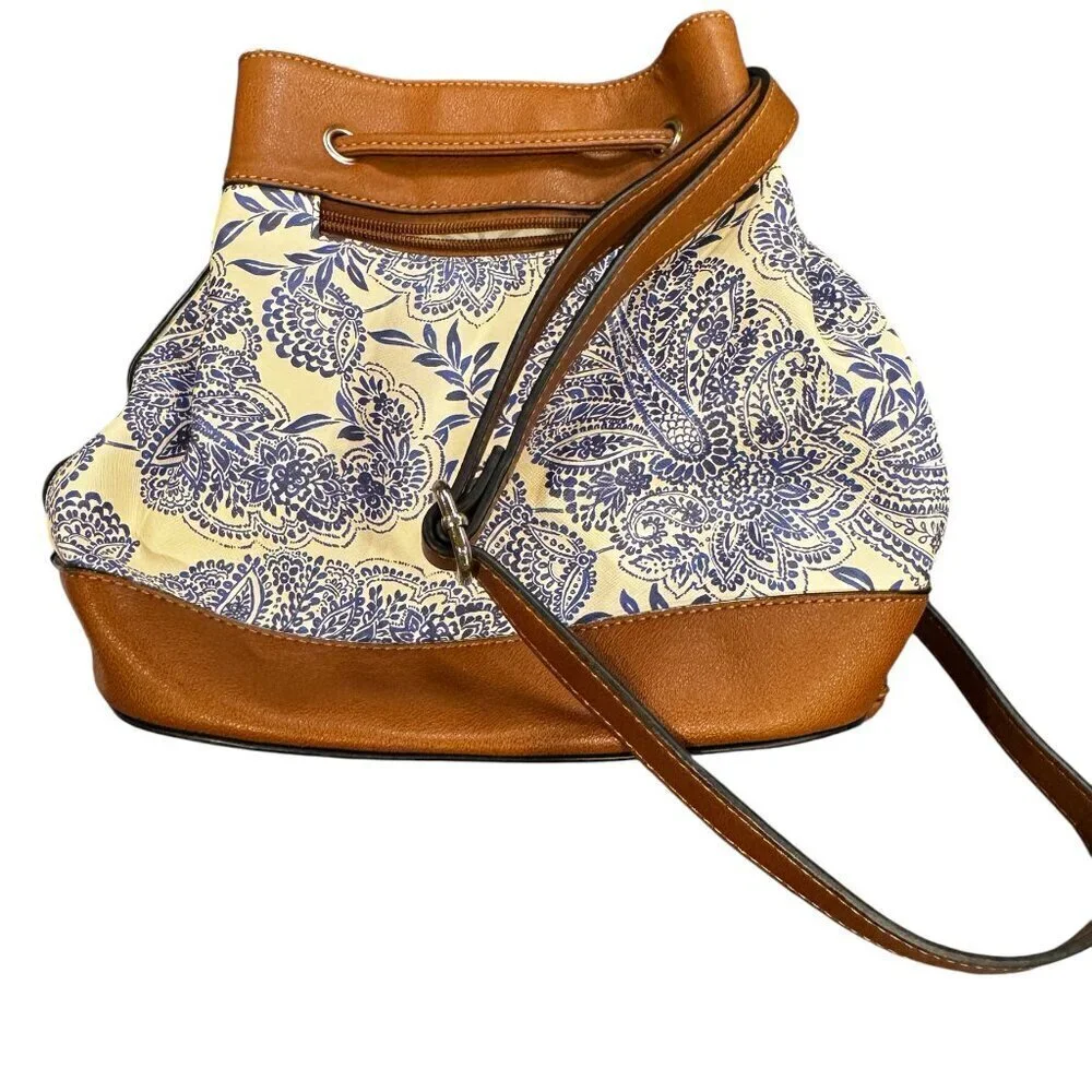 Vintage Chaps Floral Bucket Bag – Blue Paisley Print with Brown Leather Accents